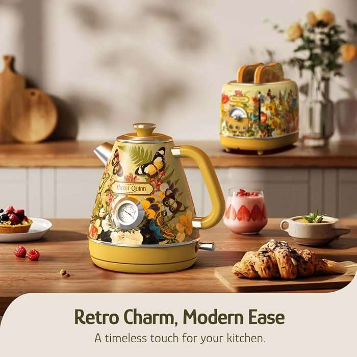 Hazel Quinn X Eduardo Recife Electric Kettle - 1200W Fast Water Boiling, 1.7L/57oz, All 304 Stainless Steel Interior, BPA-Free, Auto Shut-Off, Cordless Retro Teapot with Thermometer - Floral Patterned - Image 3