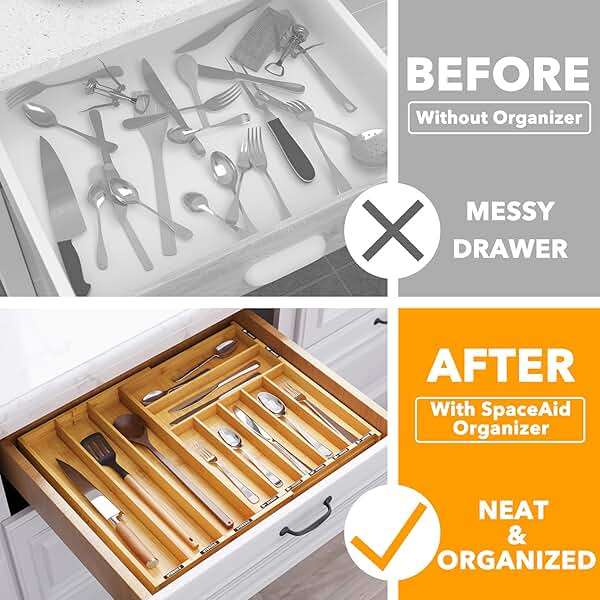 SpaceAid Bamboo Silverware Drawer Organizer with Labels, Kitchen Utensil Expandable Tray Holder Organizer for Flatware, Cutlery, Spoon and Knives Drawer Storage Organization (Natural, 10 Slots) - Image 3