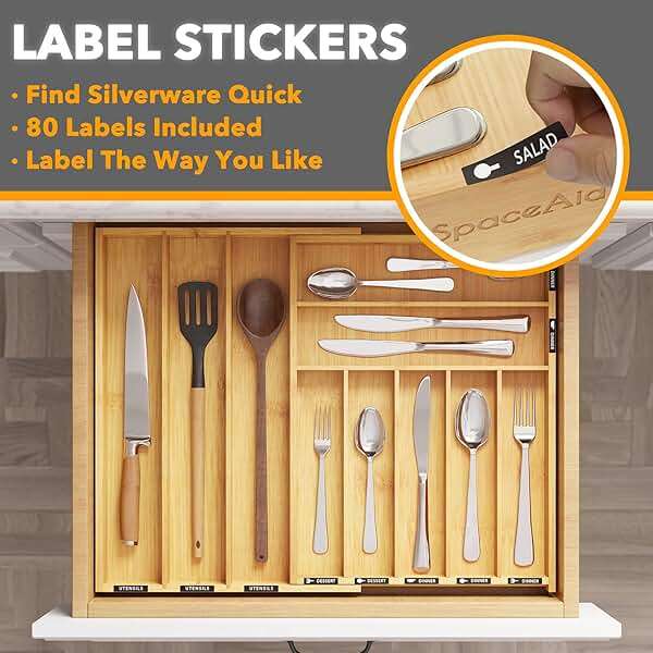 SpaceAid Bamboo Silverware Drawer Organizer with Labels, Kitchen Utensil Expandable Tray Holder Organizer for Flatware, Cutlery, Spoon and Knives Drawer Storage Organization (Natural, 10 Slots) - Image 4