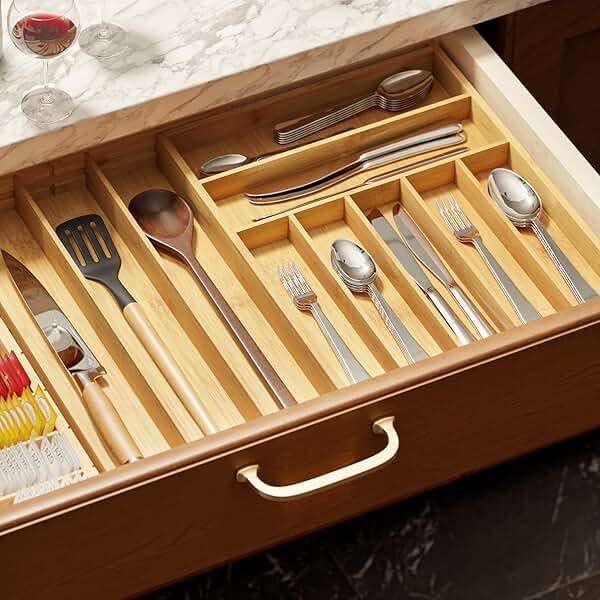SpaceAid Bamboo Silverware Drawer Organizer with Labels, Kitchen Utensil Expandable Tray Holder Organizer for Flatware, Cutlery, Spoon and Knives Drawer Storage Organization (Natural, 10 Slots) - Image 6