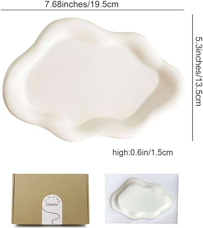 Conviv Ceramic Jewelry Tray,Ring Dish Holder,Perfume Trinket Dish,Key Bowl Vanity Cute Things Room Decor Aesthetic, Birthday Mother's Day Christmas Warm House Gifts for Women(White) - Image 3