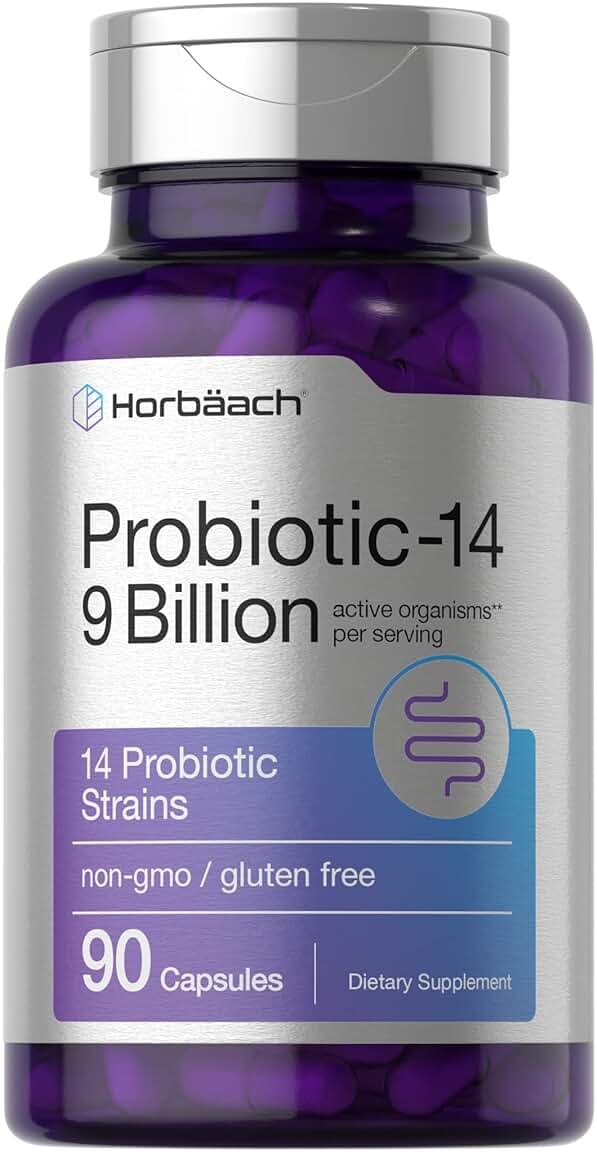 Horbäach Probiotics for Women & Men | 14 Strains for Digestive Health | 9 Billion CFU | 90 Capsules | Non-GMO & Gluten Free Supplement - Product Image
