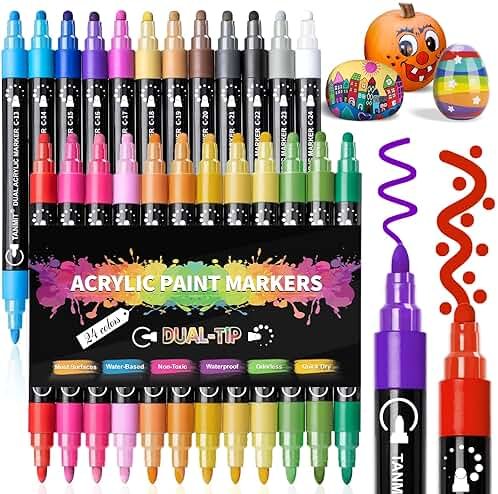 TANMIT 24 Colors Acrylic Paint Markers, Dual Tip Acrylic Paint Pens with Dot & Fine Tips For Fabric, Rock, Wood, Glass, Eggs, Scrapbook, DIY Crafts Making Art Supplies - Teacher Appreciation Gift - Product Image