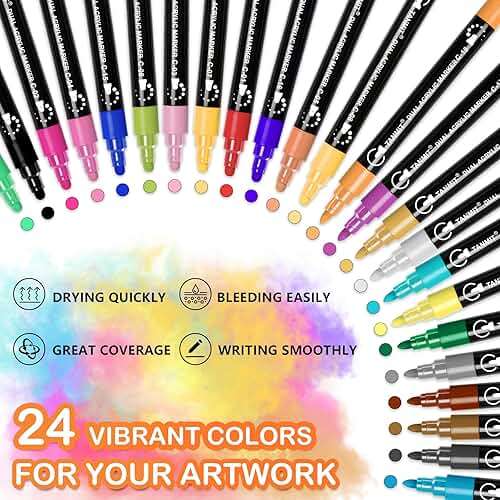 TANMIT 24 Colors Acrylic Paint Markers, Dual Tip Acrylic Paint Pens with Dot & Fine Tips For Fabric, Rock, Wood, Glass, Eggs, Scrapbook, DIY Crafts Making Art Supplies - Teacher Appreciation Gift - Image 4