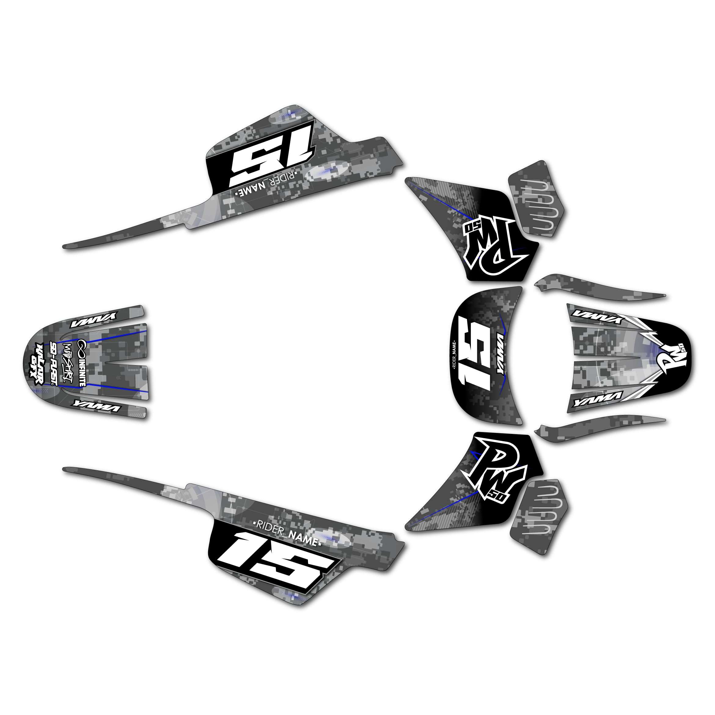 Kalair GFX Graphics Kit for Yamaha PW 50 (1980-2023) Cyberware Series Blue 09 Mil - Dirt bike Custom Racing Graphics Decals Stickers Kit, no-plastics - Image 1
