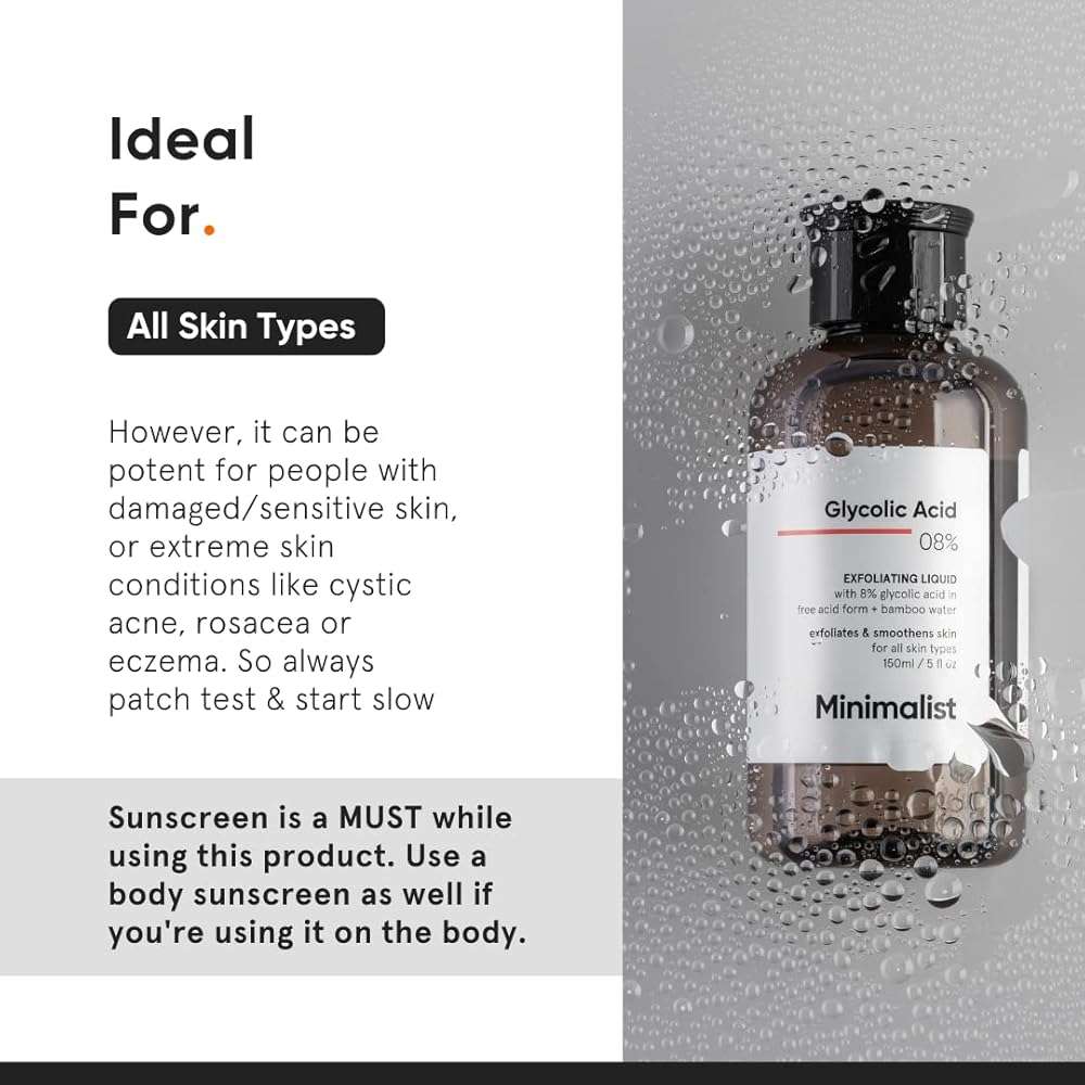 Minimalist Glycolic Acid 8% Exfoliating Toner for Glowing Skin | Multi-Functional Exfoliating Toner with Bamboo Water for Body, Face, Underarms & Scalp | for Women & Men | 5 Fl Oz / 150 ml - Image 4