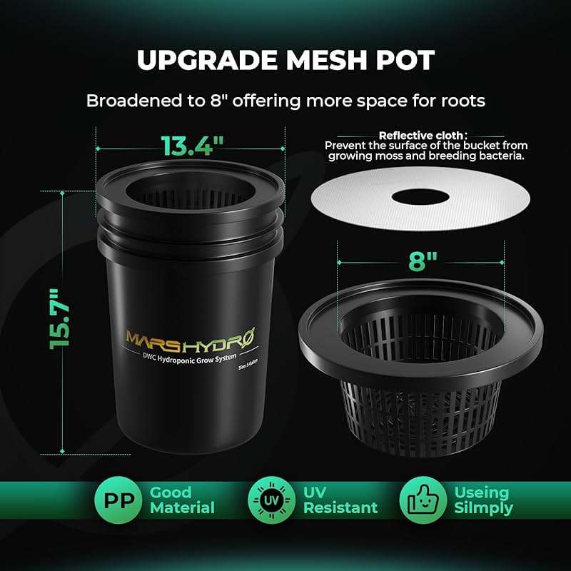 Mars Hydro DWC Hydroponics Grow System 5 Gallon Deep Water Culture with 8W Air Pump, Multi-Purpose Air Hose, Air Stone, 2 Buckets and Top Drip Kit - Image 2