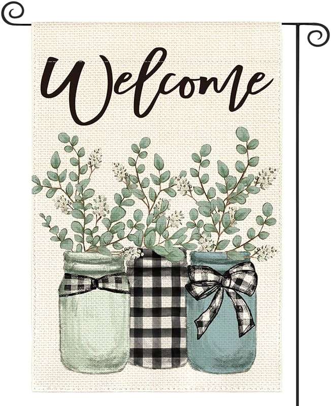 AVOIN colorlife Eucalyptus Mason Jar Spring Summer Garden Flag 12x18 Inch Double Sided Outside, Buffalo Plaid Welcome Yard Outdoor Flag - Image 1