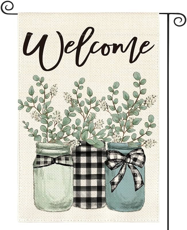 AVOIN colorlife Eucalyptus Mason Jar Spring Summer Garden Flag 12x18 Inch Double Sided Outside, Buffalo Plaid Welcome Yard Outdoor Flag - Product Image