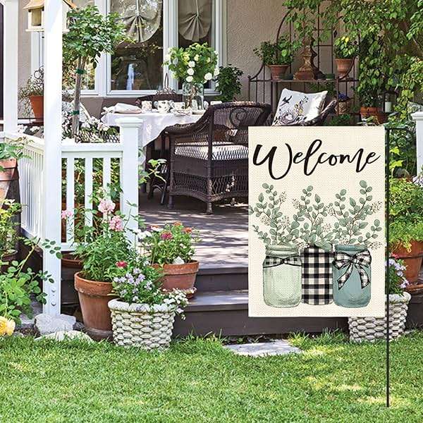 AVOIN colorlife Eucalyptus Mason Jar Spring Summer Garden Flag 12x18 Inch Double Sided Outside, Buffalo Plaid Welcome Yard Outdoor Flag - Image 2