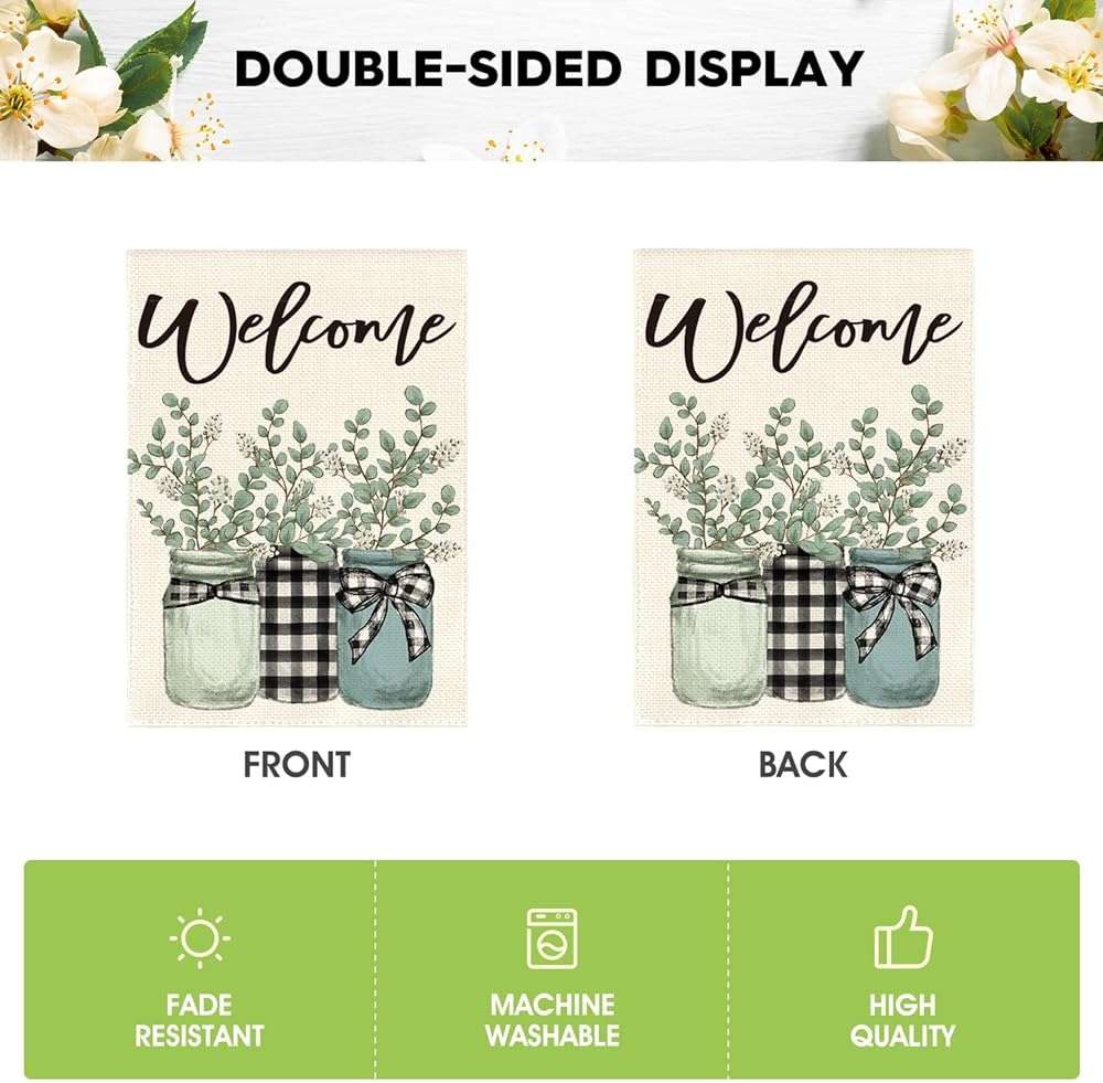 AVOIN colorlife Eucalyptus Mason Jar Spring Summer Garden Flag 12x18 Inch Double Sided Outside, Buffalo Plaid Welcome Yard Outdoor Flag - Image 6