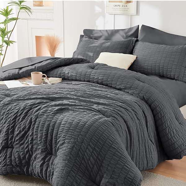 HYMOKEGE Queen Comforter Set Seersucker 7 Pieces, All Season Luxury Bed in a Bag for Bedroom, Bedding Set with Comforters, Sheets, Pillowcases & Shams, Dark Grey - Image 1