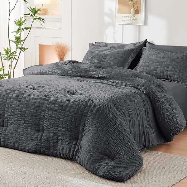 HYMOKEGE Queen Comforter Set Seersucker 7 Pieces, All Season Luxury Bed in a Bag for Bedroom, Bedding Set with Comforters, Sheets, Pillowcases & Shams, Dark Grey - Image 8