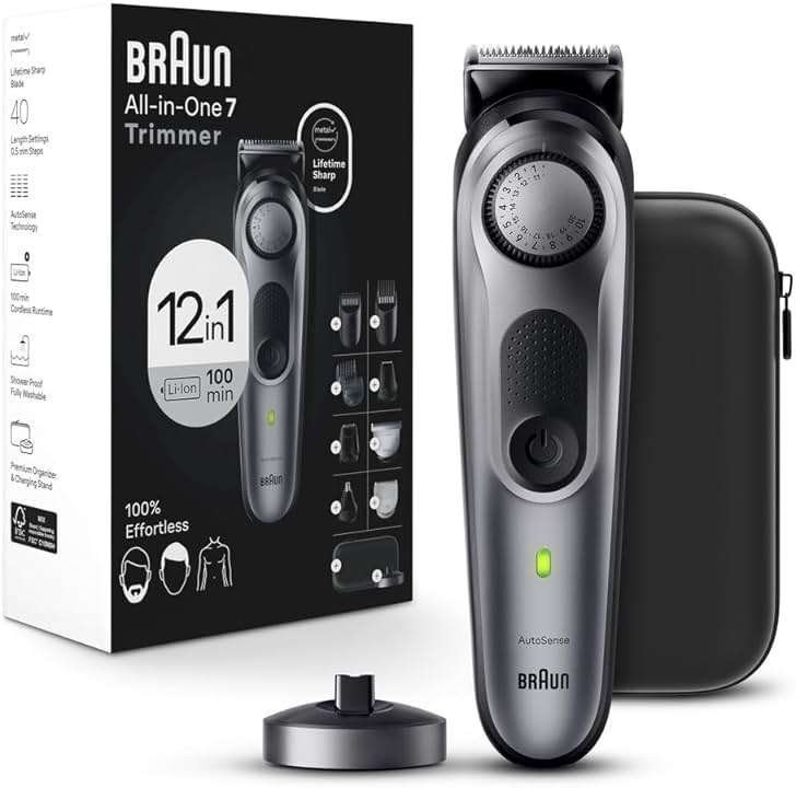 Braun All-in-One Men's Shaving Kit Series 7 7440, 12-in-1 Beard, Face, Nose, Ear Trimmer, Hair Clippers, Body Groomer and Manscaping + Travel Case + Charging Stand - Image 1