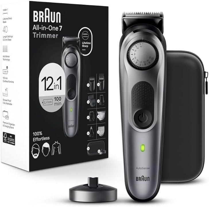 Braun All-in-One Men's Shaving Kit Series 7 7440, 12-in-1 Beard, Face, Nose, Ear Trimmer, Hair Clippers, Body Groomer and Manscaping + Travel Case + Charging Stand - Product Image