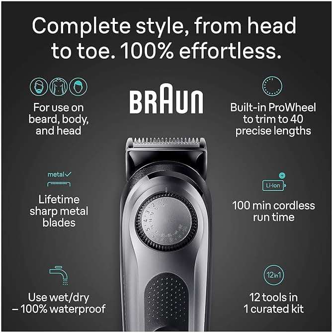 Braun All-in-One Men's Shaving Kit Series 7 7440, 12-in-1 Beard, Face, Nose, Ear Trimmer, Hair Clippers, Body Groomer and Manscaping + Travel Case + Charging Stand - Image 3