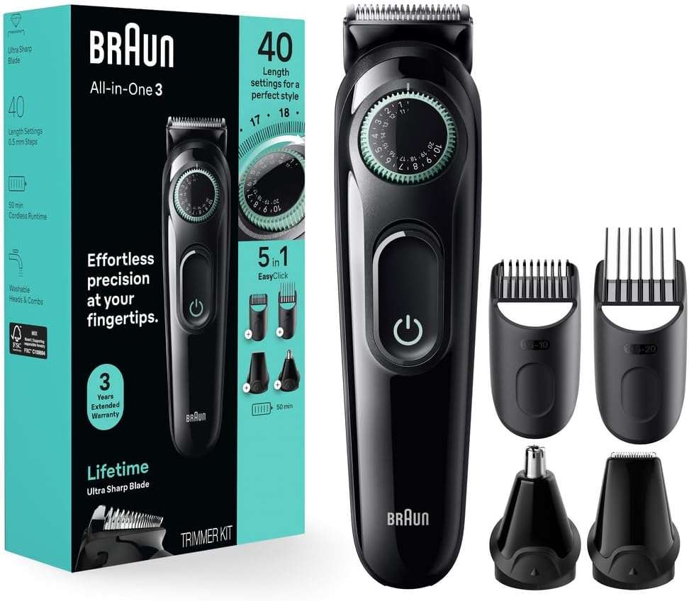 Braun All-in-One Style Kit Series 3 3450, 5-in-1 Trimmer for Men with Beard Trimmer, Ear & Nose Trimmer, Hair Clippers & More, Ultra-Sharp Blade, 40 Length Settings and Washable - Image 1