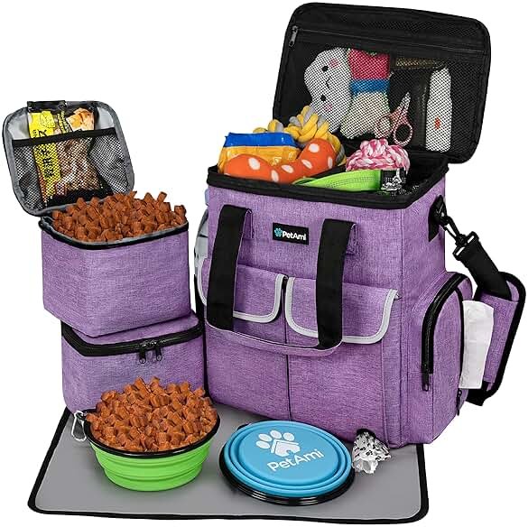 PetAmi Dog Travel Bag Pet Supplies Accessories Organizer for Traveling, Camping, Weekend; Cat Pet Travel Bag Kit Includes 2 Food Storage Containers, 2 Collapsible Bowls, 1 Feeding Mat (Purple) - Product Image