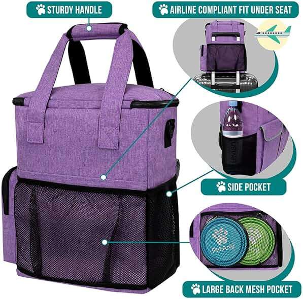 PetAmi Dog Travel Bag Pet Supplies Accessories Organizer for Traveling, Camping, Weekend; Cat Pet Travel Bag Kit Includes 2 Food Storage Containers, 2 Collapsible Bowls, 1 Feeding Mat (Purple) - Image 4