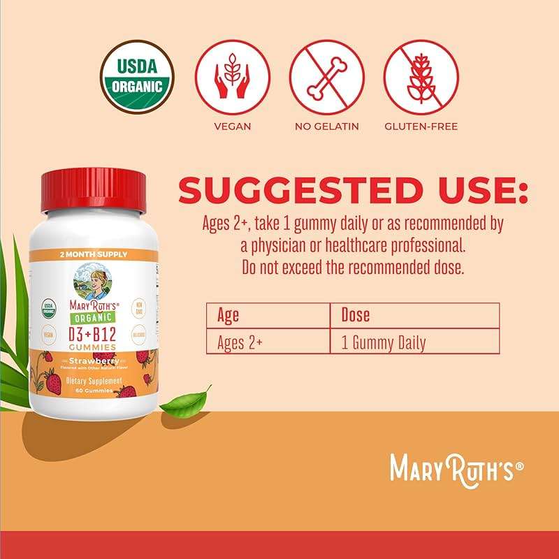 MARYRUTH'S Organic Vitamin D3 + B12 Gummies for Ages 4+ | Bone Health | Immune Support | Energy Metabolism | Cognitive Function | Vegan | Non-GMO | Gluten Free | 60 Servings | 2 Month Supply - Image 3