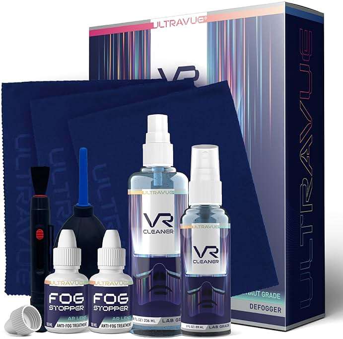 UltraVue VR Cleaning Kit and Anti-Fog Treatment - Includes VR Cleaner Gel Sprays, Microfiber Cloths, Anti Fog Drop Treatments, Brush and Air Bladder with Precision Nozzle - Image 1