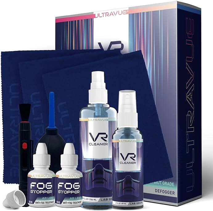 UltraVue VR Cleaning Kit and Anti-Fog Treatment - Includes VR Cleaner Gel Sprays, Microfiber Cloths, Anti Fog Drop Treatments, Brush and Air Bladder with Precision Nozzle - Product Image