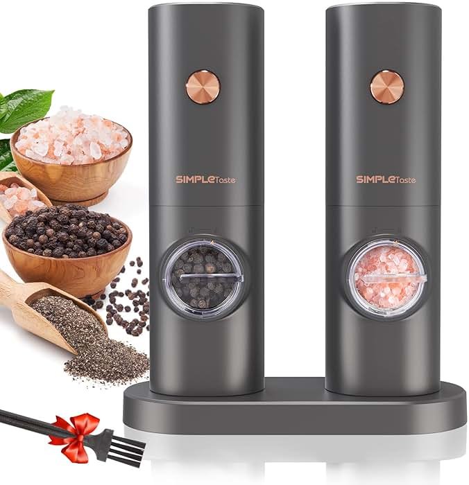 SIMPLETASTE Electric Salt and Pepper Grinder Set with LED Light, Automatic Pepper Mill Shakers with Adjustable Coarseness, One Hand Operation for Kitchen, Dining, Gifting, Space Gray, Battery Operated - Product Image