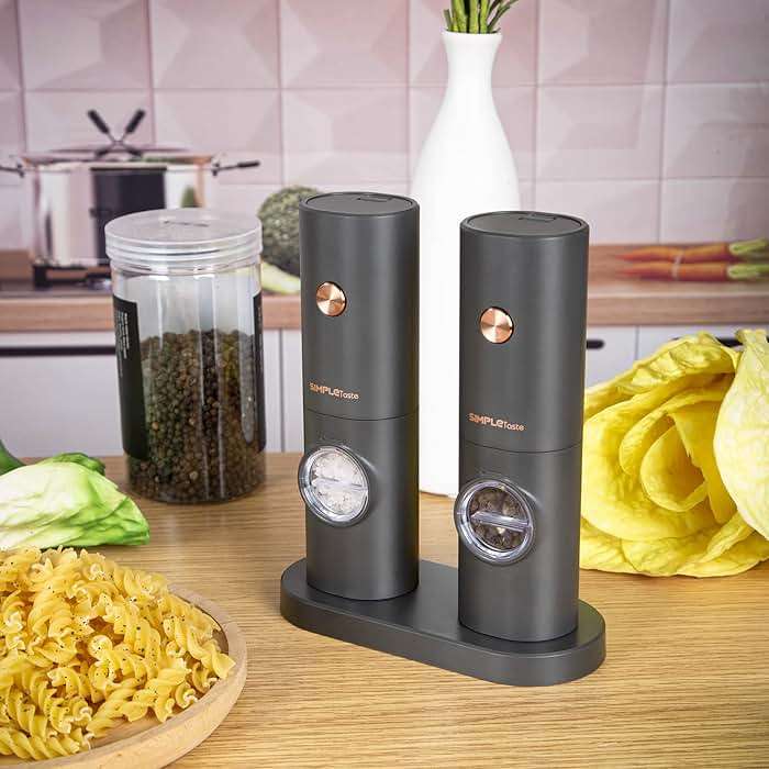 SIMPLETASTE Electric Salt and Pepper Grinder Set with LED Light, Automatic Pepper Mill Shakers with Adjustable Coarseness, One Hand Operation for Kitchen, Dining, Gifting, Space Gray, Battery Operated - Image 2