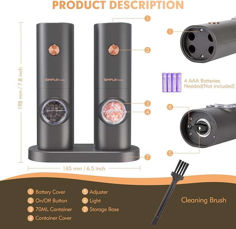SIMPLETASTE Electric Salt and Pepper Grinder Set with LED Light, Automatic Pepper Mill Shakers with Adjustable Coarseness, One Hand Operation for Kitchen, Dining, Gifting, Space Gray, Battery Operated - Image 3