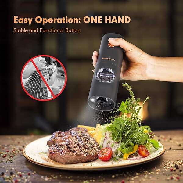 SIMPLETASTE Electric Salt and Pepper Grinder Set with LED Light, Automatic Pepper Mill Shakers with Adjustable Coarseness, One Hand Operation for Kitchen, Dining, Gifting, Space Gray, Battery Operated - Image 4