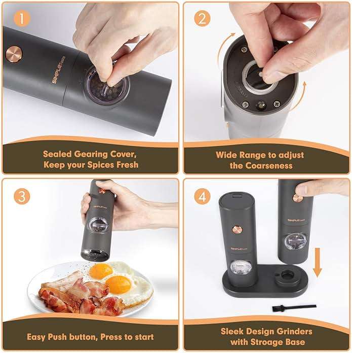 SIMPLETASTE Electric Salt and Pepper Grinder Set with LED Light, Automatic Pepper Mill Shakers with Adjustable Coarseness, One Hand Operation for Kitchen, Dining, Gifting, Space Gray, Battery Operated - Image 7