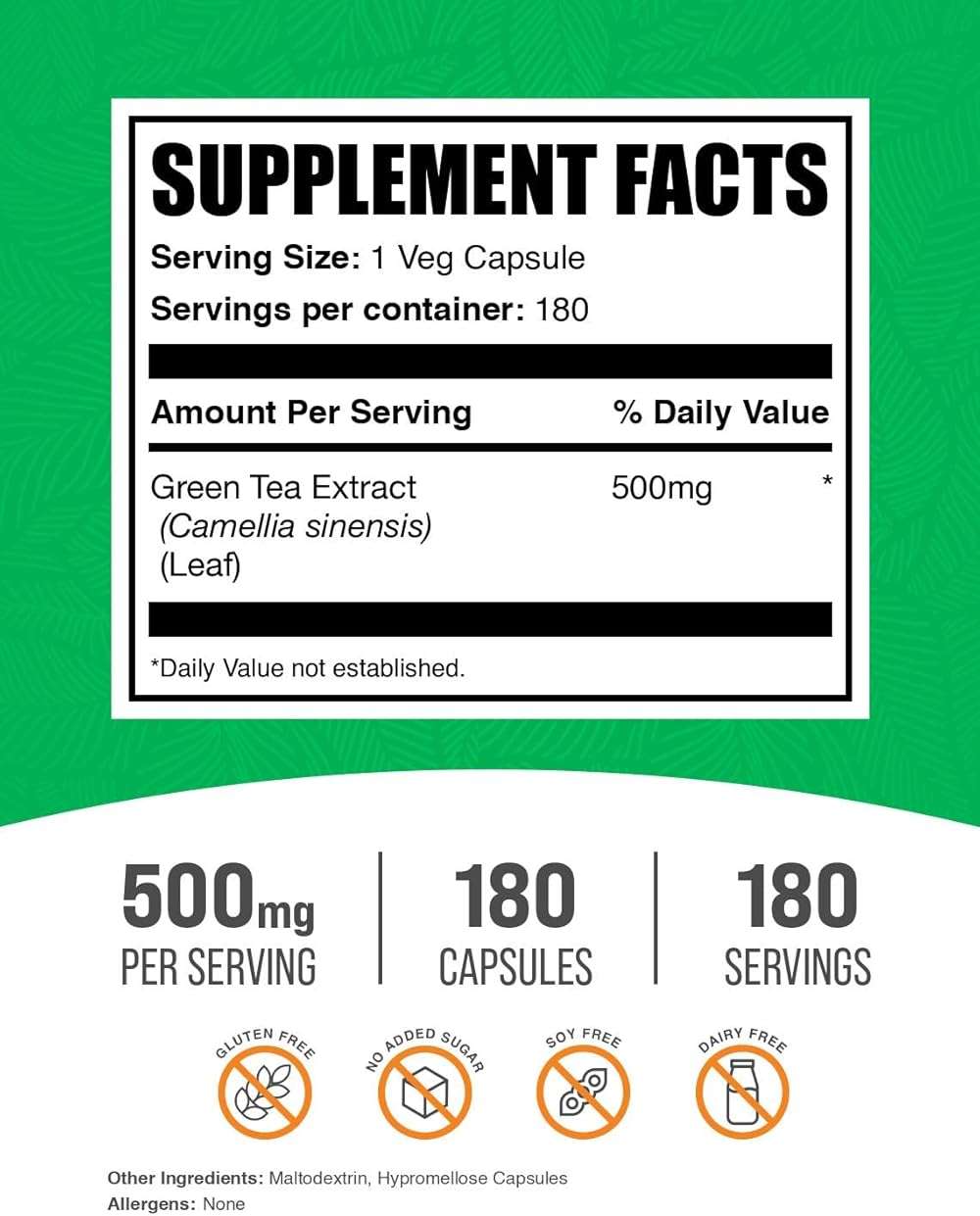 BulkSupplements.com Green Tea Extract Capsules - Green Tea Supplement, Green Tea Extract 500mg, Green Tea Pills - Vegan & Gluten Free, 1 Capsule per Serving, 180 Veg Capsules (Pack of 1) - Image 2
