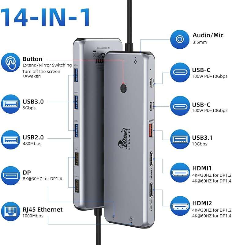 13 in 1 USB C Docking Station - Dual Monitor, Triple Display, 8 USB C/A Ports, Ethernet, Audio - LIONWEI USB C Hub for MacBook,Dell,HP,Lenovo,Surface - Image 2