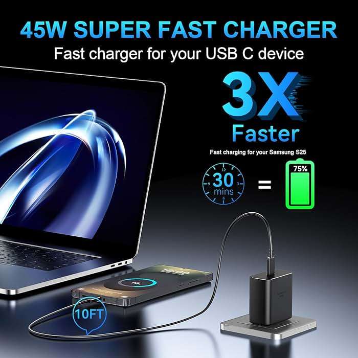 45W USB C Super Fast Charger Type C Charger Fast Charging Android Phone Charger Block with 10FT Type C Charging Cable for Samsung Galaxy S26 Ultra/S26/S26+/S25/S25 Ultra/S25+/S24 Ultra/S23 Ultra/S22 - Image 4