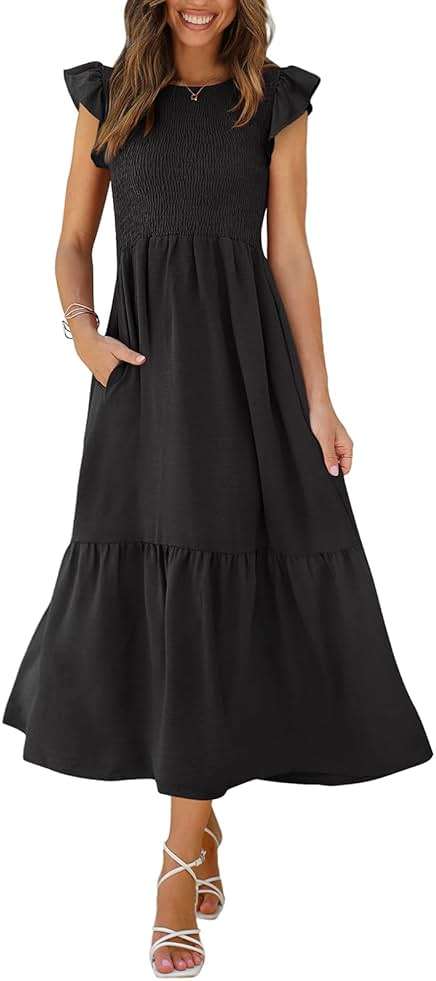 OFEEFAN Women's Casual Maxi Dresses with Pockets Ruffle Sleeve Smocked Dress XS-2XL - Image 1