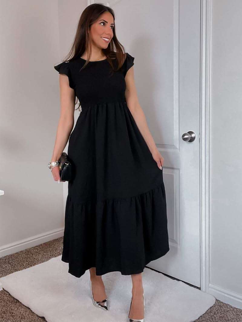 OFEEFAN Women's Casual Maxi Dresses with Pockets Ruffle Sleeve Smocked Dress XS-2XL - Image 2