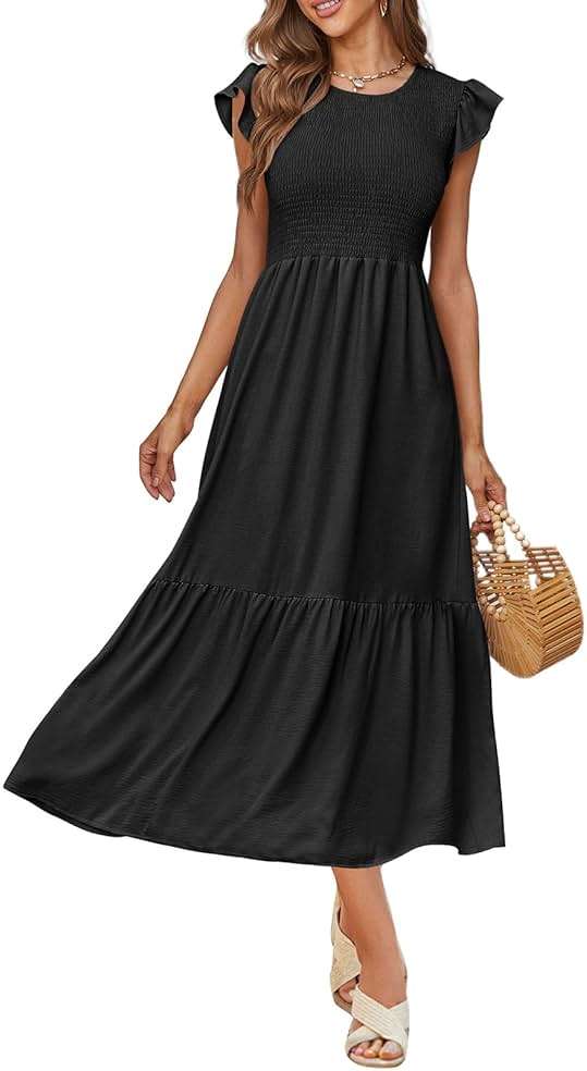OFEEFAN Women's Casual Maxi Dresses with Pockets Ruffle Sleeve Smocked Dress XS-2XL - Image 3