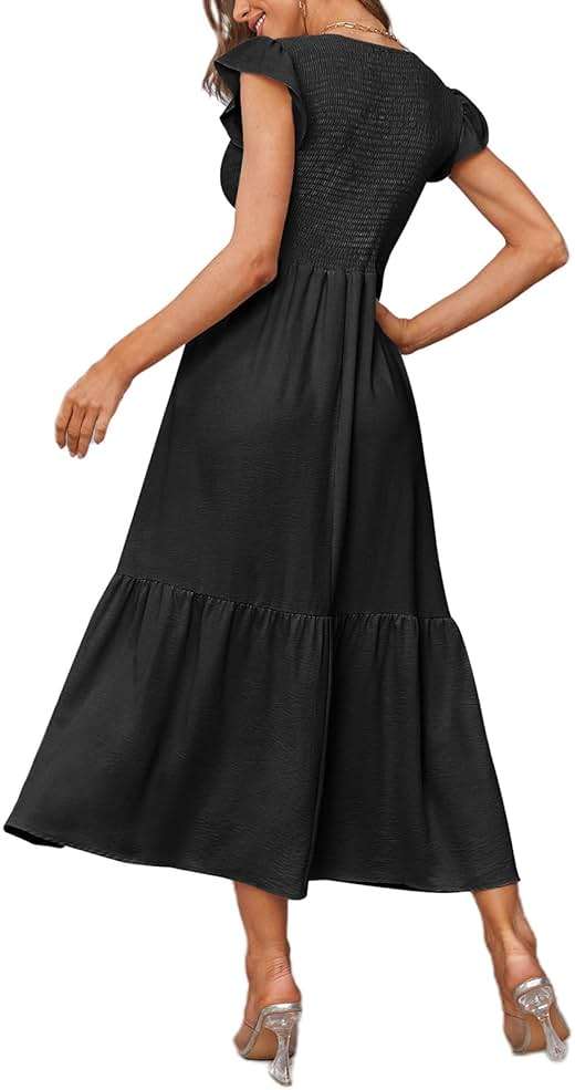 OFEEFAN Women's Casual Maxi Dresses with Pockets Ruffle Sleeve Smocked Dress XS-2XL - Image 4