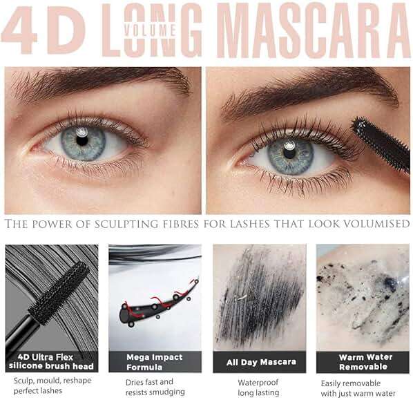 4D Silk Fiber Lash mascara, Waterproof Mascara Black Volume and Length, Natural Lengthening and Thick, Smudge-Proof,No Clumping, Instantly Create The Look of Lash Extensions, All Day Full, 2 Pack - Image 5