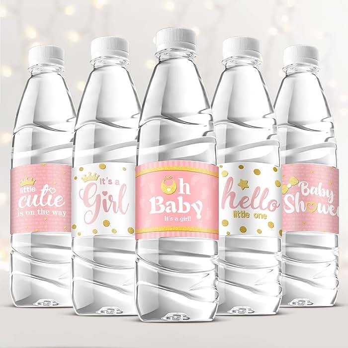 Teling 80 Pieces Baby Shower Water Bottle Labels Waterproof Water Bottle Stickers Wrappers Labels for Baby Shower Party Decoration(Pink Girl Style) - Product Image
