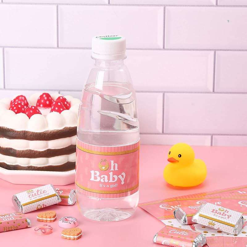 Teling 80 Pieces Baby Shower Water Bottle Labels Waterproof Water Bottle Stickers Wrappers Labels for Baby Shower Party Decoration(Pink Girl Style) - Image 2