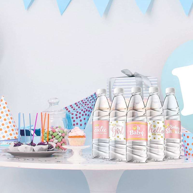 Teling 80 Pieces Baby Shower Water Bottle Labels Waterproof Water Bottle Stickers Wrappers Labels for Baby Shower Party Decoration(Pink Girl Style) - Image 7