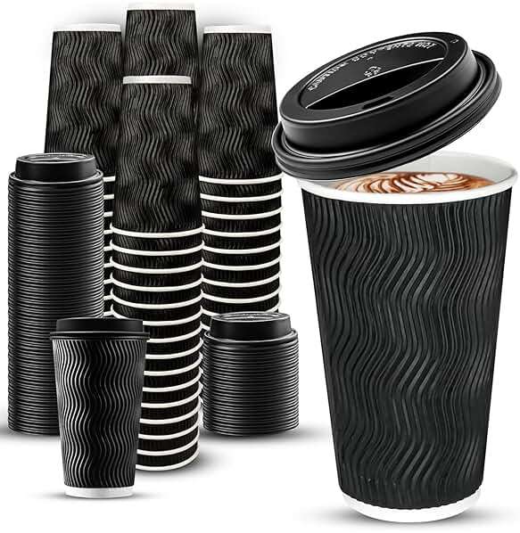Ginkgo 100 Pack 16 oz Disposable Insulated Coffee Cups with Lids, Paper To-Go Coffee Cups for Coffee Bars, Hot Chocolate, Cocoa, and Hot Tea Drinks - Black - Image 1