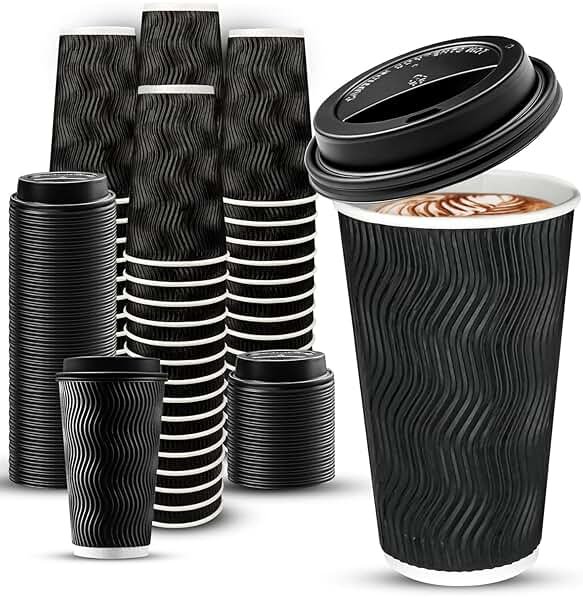 Ginkgo 100 Pack 16 oz Disposable Insulated Coffee Cups with Lids, Paper To-Go Coffee Cups for Coffee Bars, Hot Chocolate, Cocoa, and Hot Tea Drinks - Black - Product Image