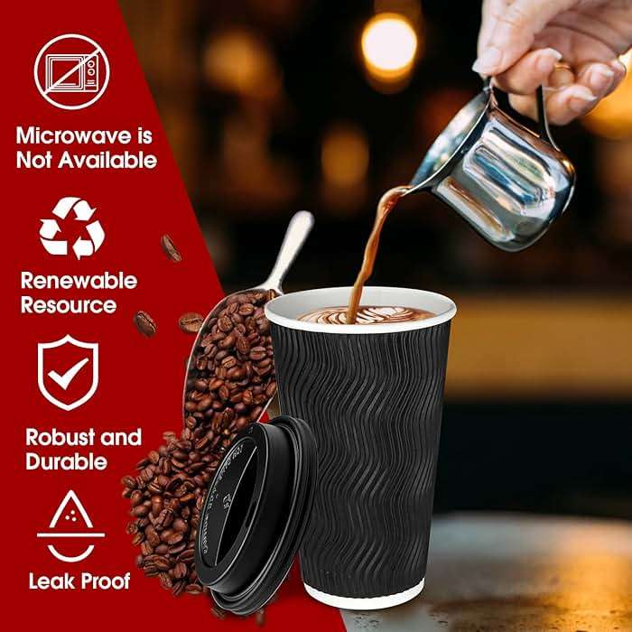 Ginkgo 100 Pack 16 oz Disposable Insulated Coffee Cups with Lids, Paper To-Go Coffee Cups for Coffee Bars, Hot Chocolate, Cocoa, and Hot Tea Drinks - Black - Image 3