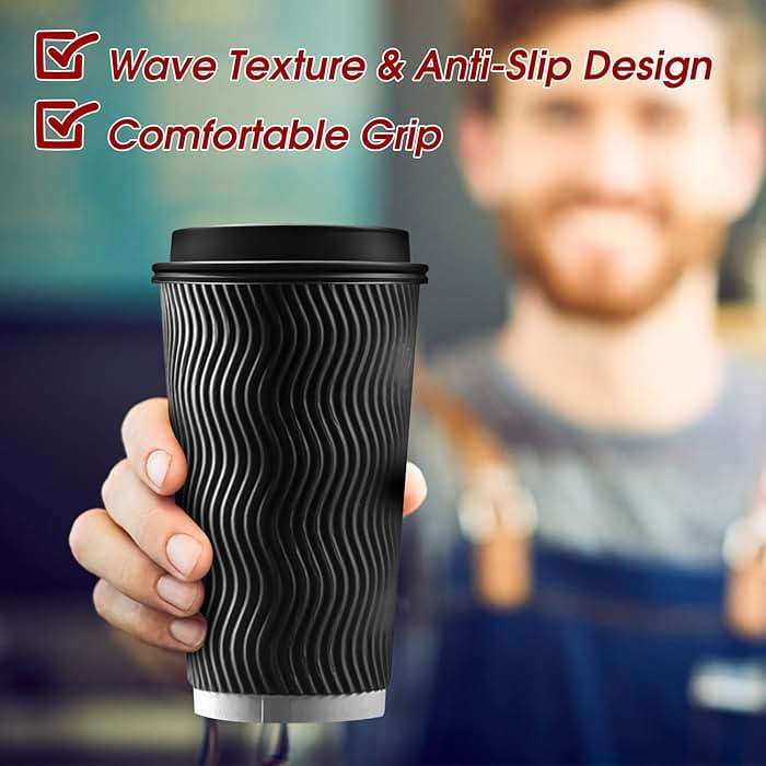 Ginkgo 100 Pack 16 oz Disposable Insulated Coffee Cups with Lids, Paper To-Go Coffee Cups for Coffee Bars, Hot Chocolate, Cocoa, and Hot Tea Drinks - Black - Image 5