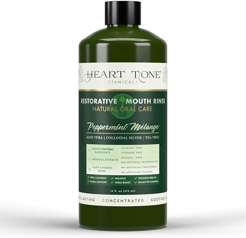 Heart Tone Botanicals Colloidal Silver Mouthwash | Nano Silver Alcohol-Free Mouth Rinse | Aloe Vera, Zinc, MSM & 18 Botanical CO2 Extracts | pH Balanced | Fluoride Free | Peppermint - Product Image