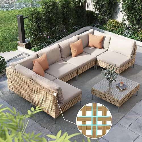 Grand patio 7-Piece Wicker Patio Furniture Set, Boho Outdoor Conversation Set Sectional Sofa with Water Resistant Thick Cushions and Coffee Table, Cream - Image 1