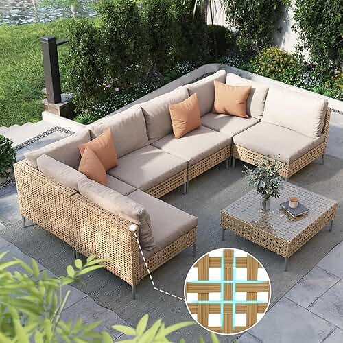 Grand patio 7-Piece Wicker Patio Furniture Set, Boho Outdoor Conversation Set Sectional Sofa with Water Resistant Thick Cushions and Coffee Table, Cream - Product Image