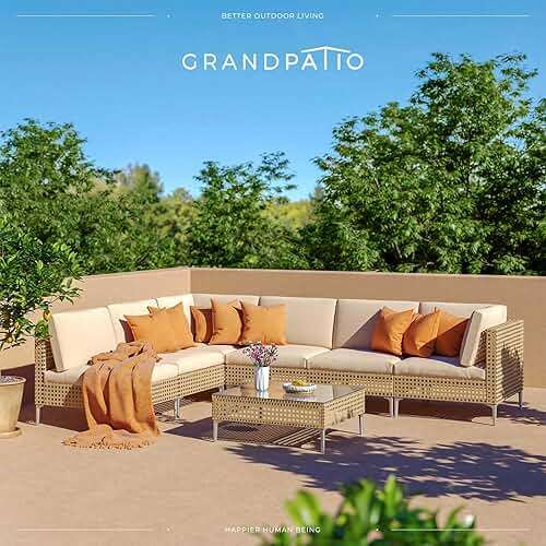 Grand patio 7-Piece Wicker Patio Furniture Set, Boho Outdoor Conversation Set Sectional Sofa with Water Resistant Thick Cushions and Coffee Table, Cream - Image 2